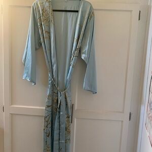 Light Blue Satin Floral Tie-Waist Robe - Women's Intimates